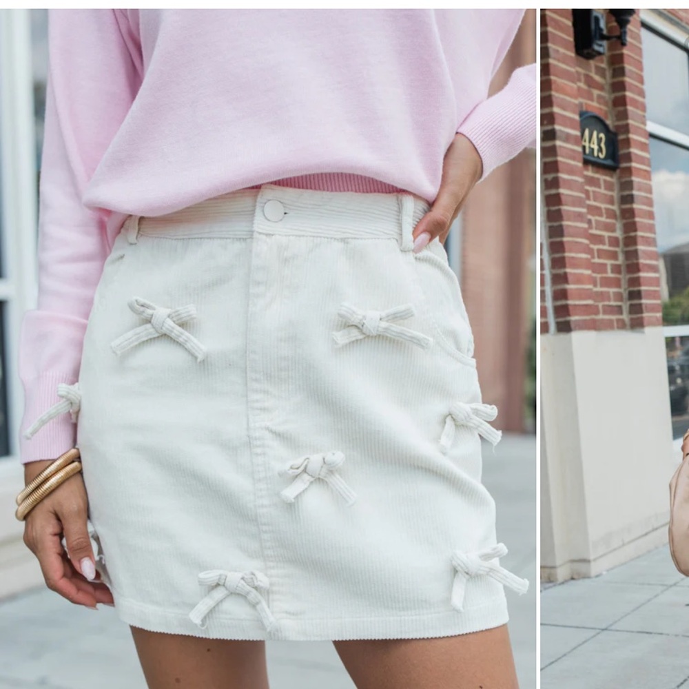 NWT EASY ENOUGH CREAM BOW EMBROIDERED CORDUROY SKIRT